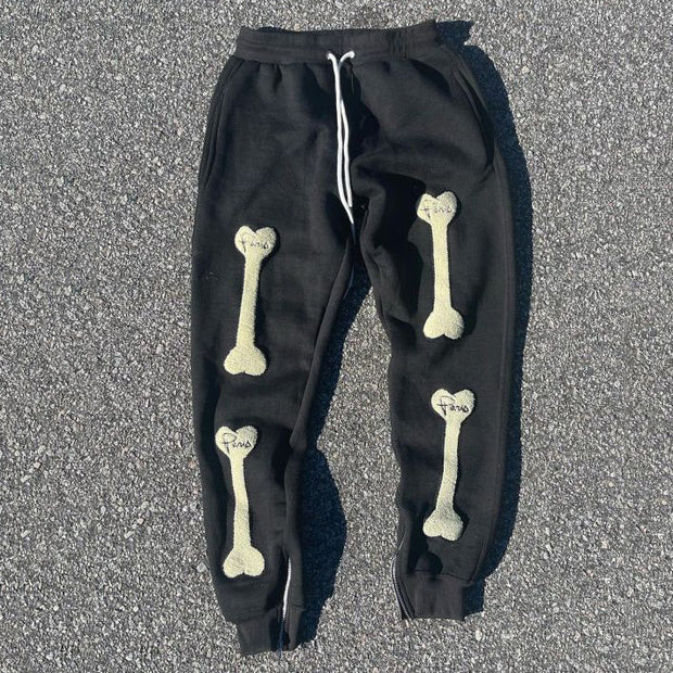 Fashionable Bone Embroidered Loose Casual Sweatpants Trousers