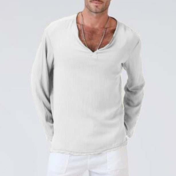 Linen ethnic style loose men's V-neck solid color long-sleeved T-shirt