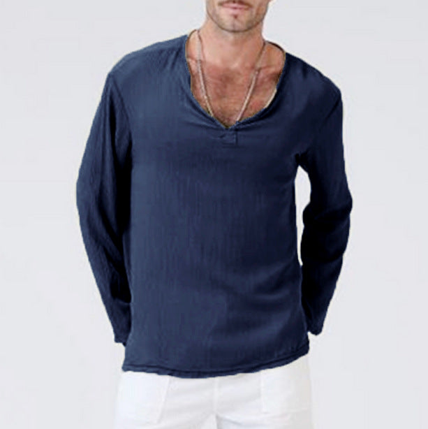 Linen ethnic style loose men's V-neck solid color long-sleeved T-shirt