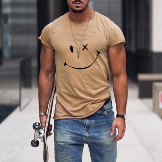 Fashion casual solid color round neck pullover smiley face men's T-shirt