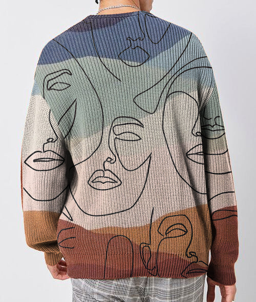 Vintage casual sports corduroy printed crew neck sweater