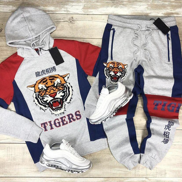 Fashion college style long-sleeved color-blocking tiger print sweatshirt trouser suit men