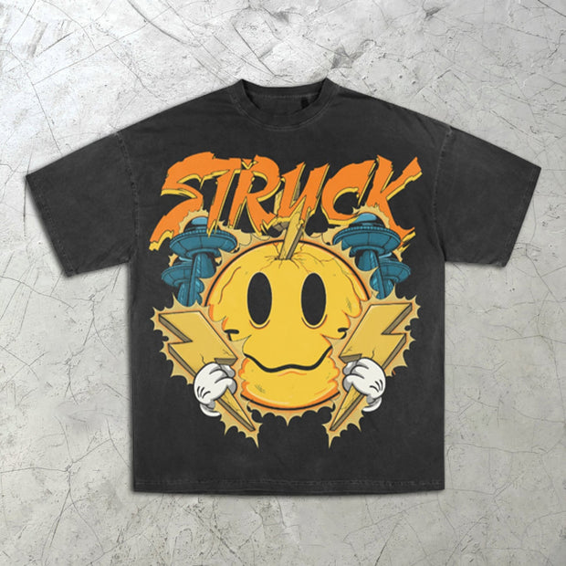 Smiley Lightning Print Short Sleeve T-Shirt