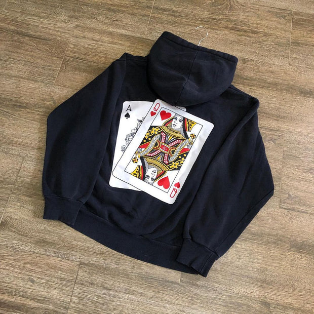 Street style playing cards printed long-sleeved hoodie