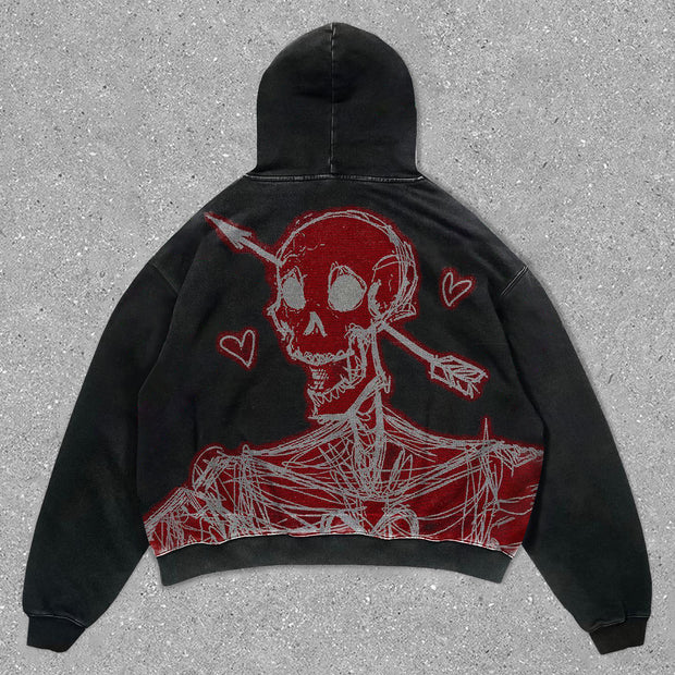 Trendy Personalized Print Heart Skull Hoodie