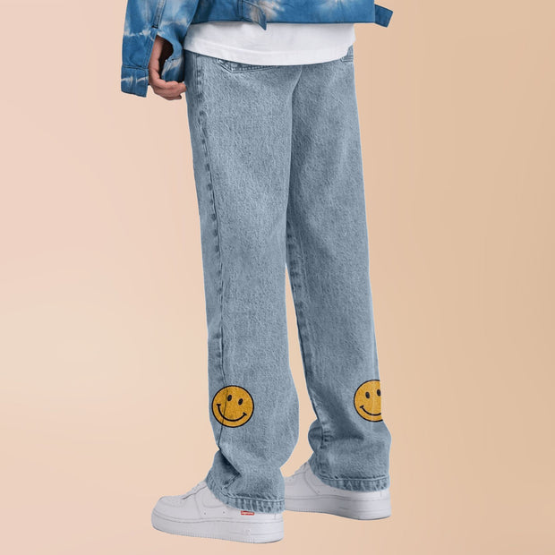 Casual street style smiley print straight-leg jeans