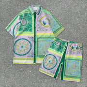 Beach Casual Cashew Green Print Loose Shorts Shirt Set