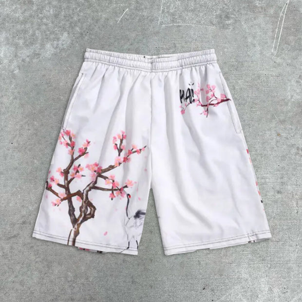 Sakura Graphic Print Drawstring Shorts