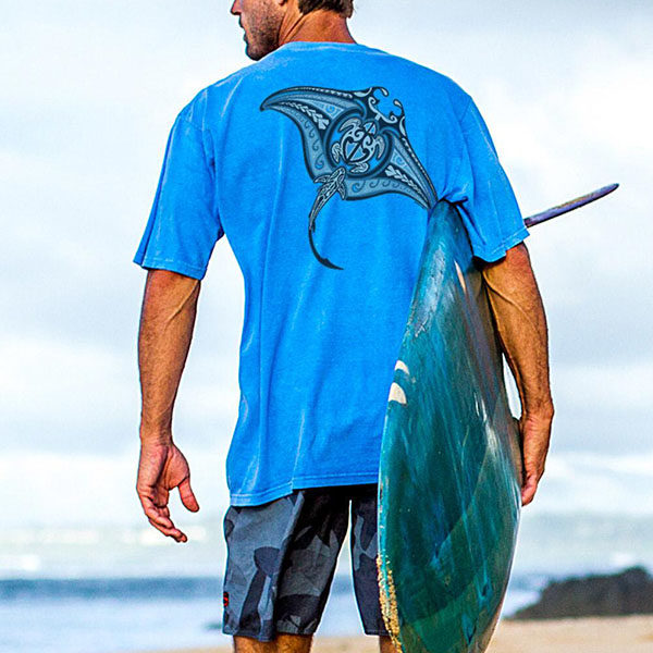 Short sleeved blue Hawaiian classic round neck T-shirt
