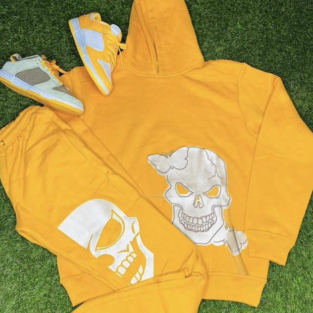 Fashion personality street style skull hooded sweatshirt printed two-piece set