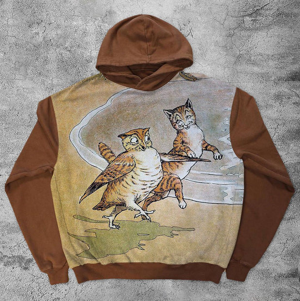 Cartoon cat print retro hooded sweater