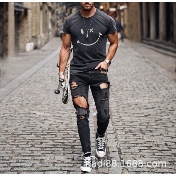 Short-sleeved round neck ordinary smiley slim-fit youth gray T-shirt