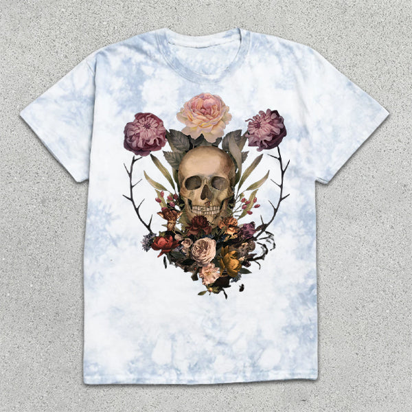 Rose Skull Print Tie-Dye Short Sleeve T-Shirt