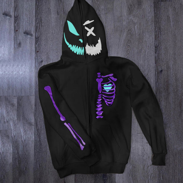 Street casual skull print long sleeve full zip hoodie
