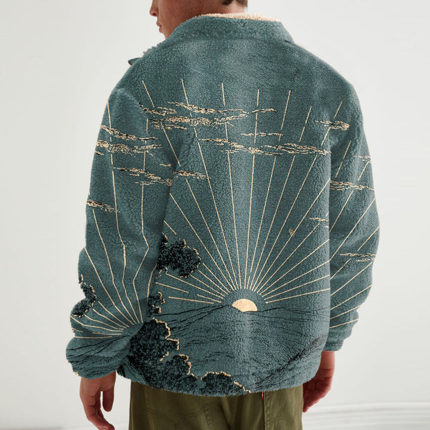 Fashionable Men's Retro Long Sleeve Printed Plush Warm Jacket