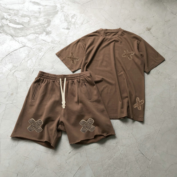 Embroidered Vintage Street Short Sleeve Shorts Set