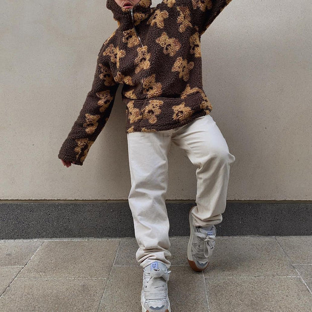 Bear pattern plush loose stand-up collar cashmere cashmere high-neck sweatshirt