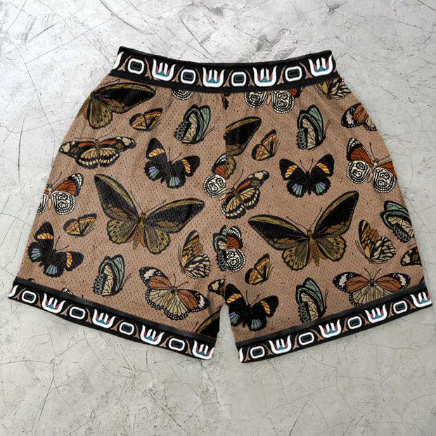 Butterfly Vintage Print Mesh Street Shorts