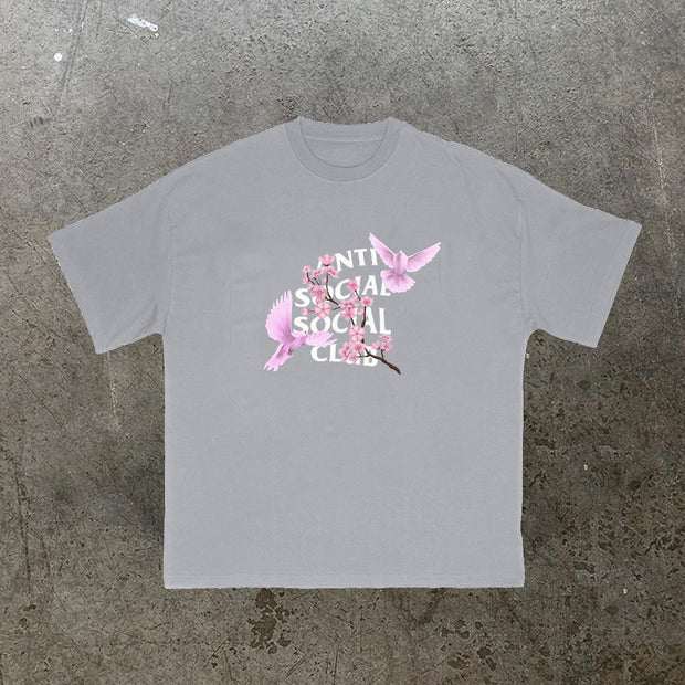 Dove Sakura Retro Fashion Short Sleeve T-Shirt