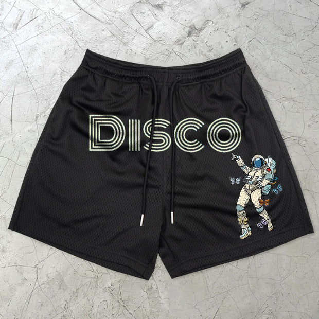astronaut disco vintage print mesh shorts