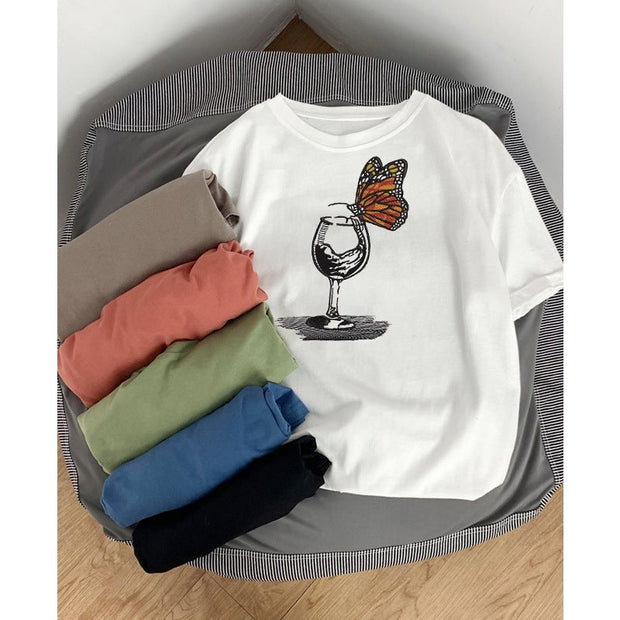 Casual Loose Butterfly Cup Print Cotton T-Shirt