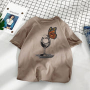 Casual Loose Butterfly Cup Print Cotton T-Shirt