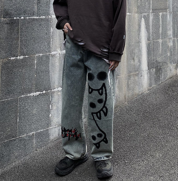 Hip-hop graffiti print loose drape straight casual denim trousers men