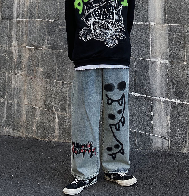 Hip-hop graffiti print loose drape straight casual denim trousers men