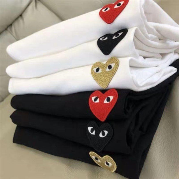Love T-shirt for men and women couples with embroidery small red heart short sleeves