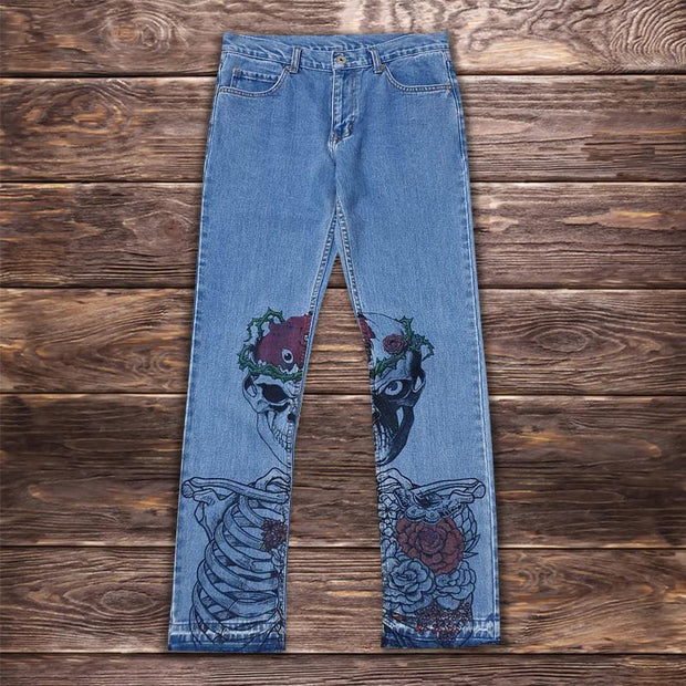 Casual style rose skull print jeans