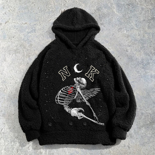 Skull trendy print fleece hoodie
