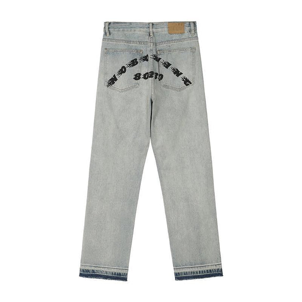 Raw Edge Letter Print Jeans Loose Hip Hop Casual Straight Pants