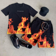 Street personality flame print short-sleeved shorts sports suit