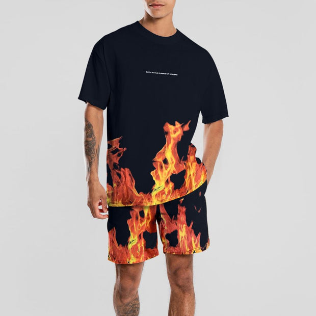 Street personality flame print short-sleeved shorts sports suit