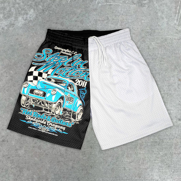 Preppy Racing Print Mesh Colorblock Shorts