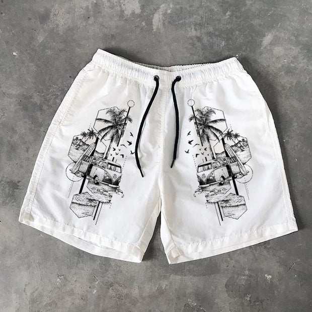 Graffiti coconut tree print Hawaiian shorts
