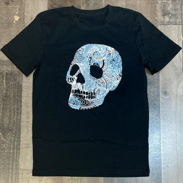 Street style cashew flower skull print crew neck T-shirt