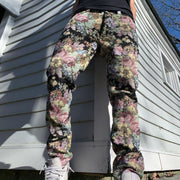 Retro flower print street style straight-leg trousers