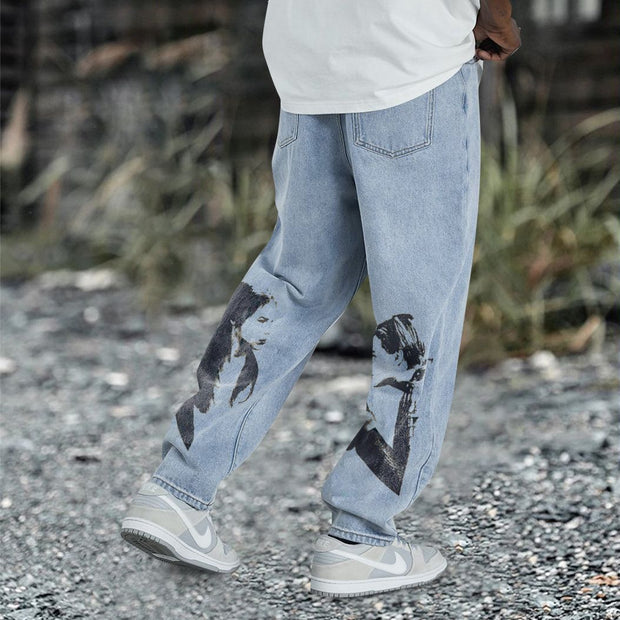 Fashion hip-hop denim washed blue trousers