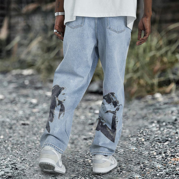 Fashion hip-hop denim washed blue trousers