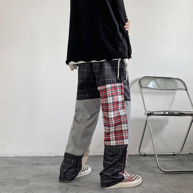 Plaid pants men's high street straight casual trousers sports overalls