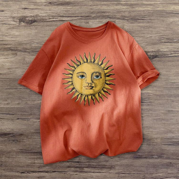 Sun fashion retro print short-sleeved T-shirt
