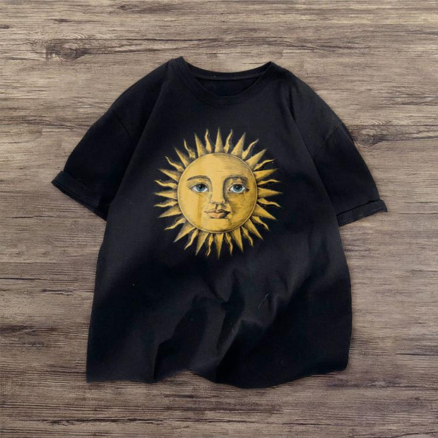 Sun fashion retro print short-sleeved T-shirt