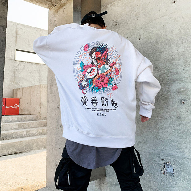 Street hip-hop men's national tide Japanese Harajuku style printing oversize crew neck sweatshirt male couple