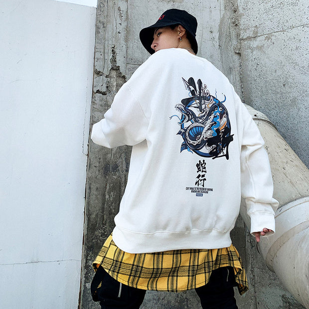 Street hip-hop men's national tide Japanese Harajuku style printing oversize crew neck sweatshirt male couple