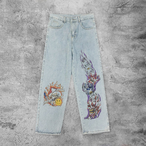 Casual retro flame skull jeans