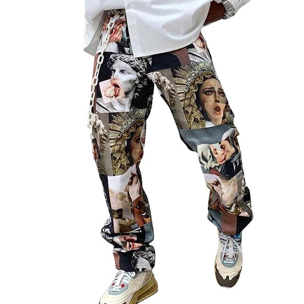 Printed straight leg loose casual trousers