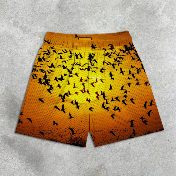 Sunset Bird Print Elastic Shorts