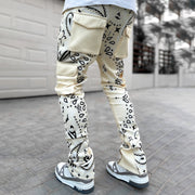 Casual fashion street style cashew flower print slim overalls trousers