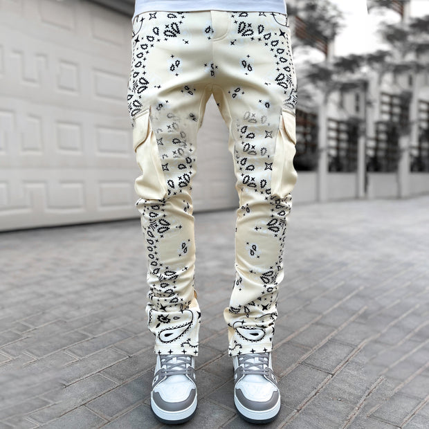 Casual fashion street style cashew flower print slim overalls trousers